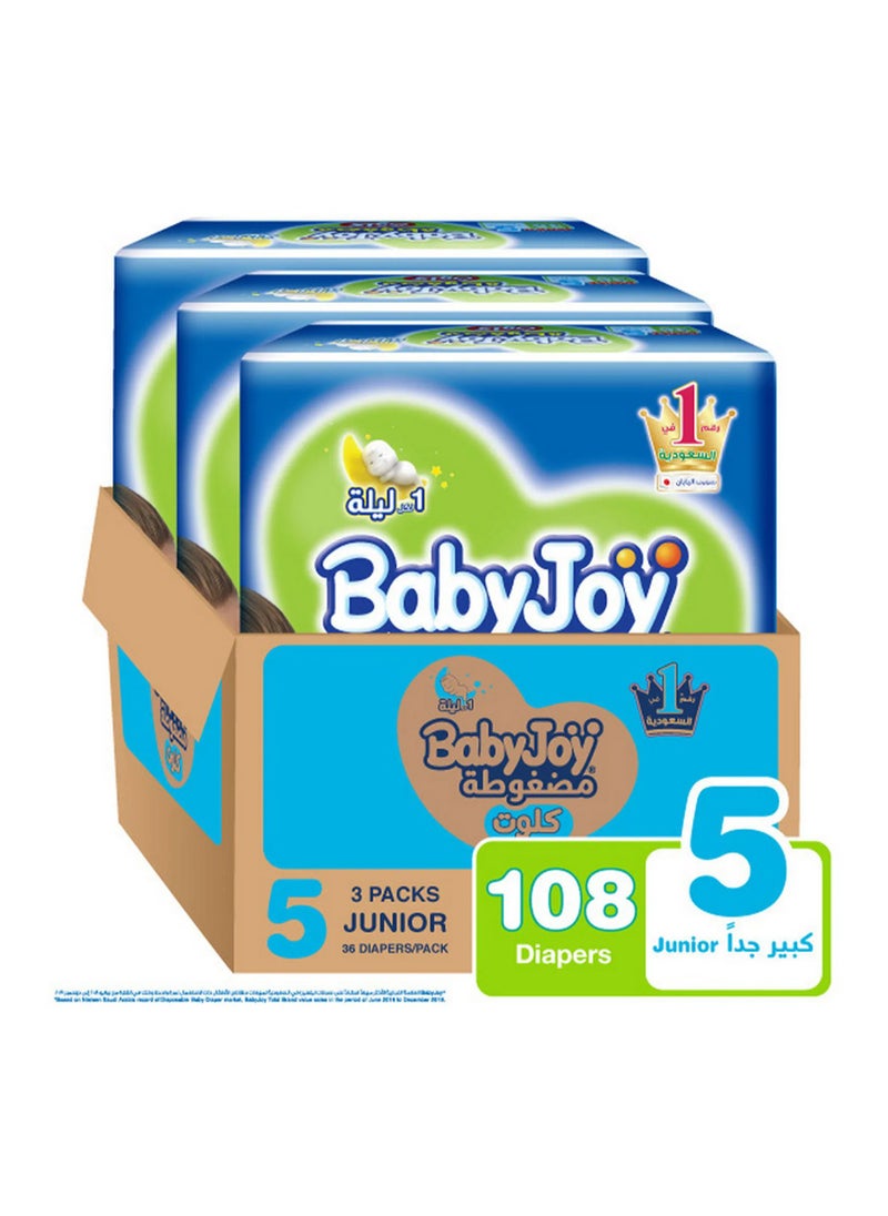 BabyJoy Compressed Culotte Pant Style Diapers, 108 Pieces, Size 5 Junior, 12-18kg, 12 Hours Leakproof Protection, Soft Cotton Touch, Wide Barriers