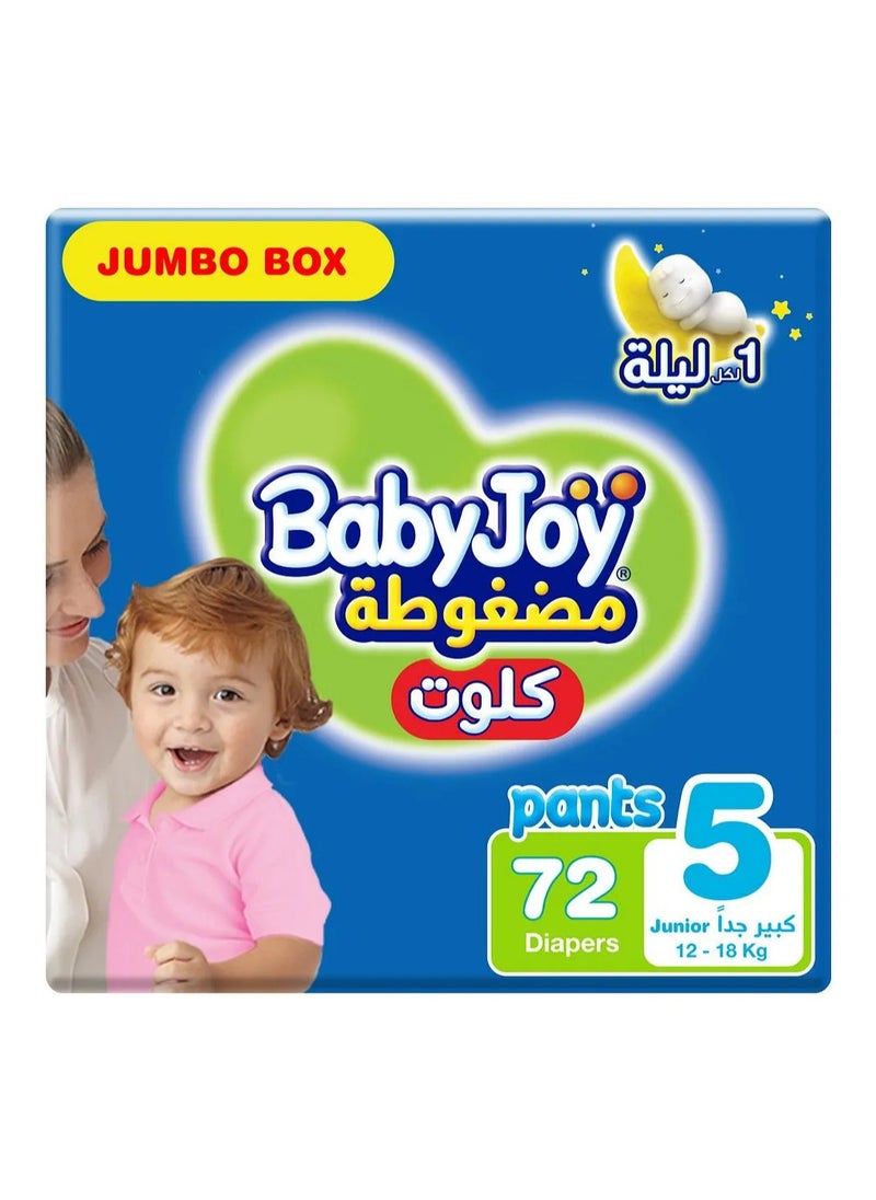 BabyJoy Compressed Culotte Pant Style Diapers, 72 Pieces Jumbo Box, Size 5, 12-18Kg - Leak Protection, Navel Cut Design, Breathable Material