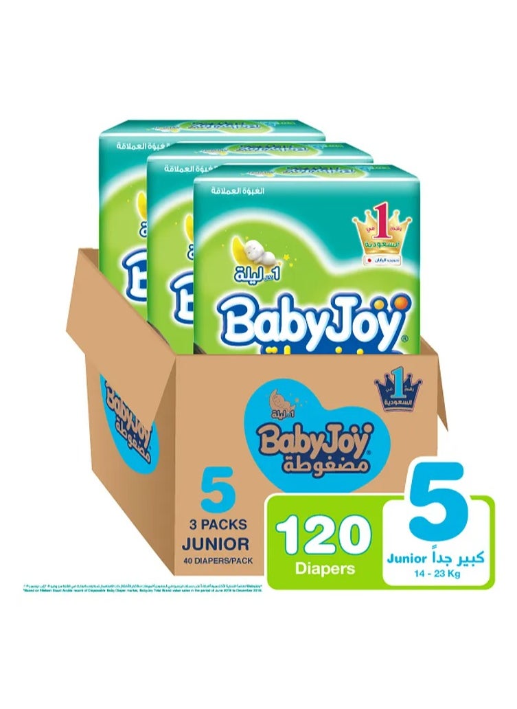 BabyJoy Size 5 Tape Style Diapers, Jumbo 3 Pack - Compressed Diamond Pad, 120 Pieces for 14-23kg, Up to 12h Dryness