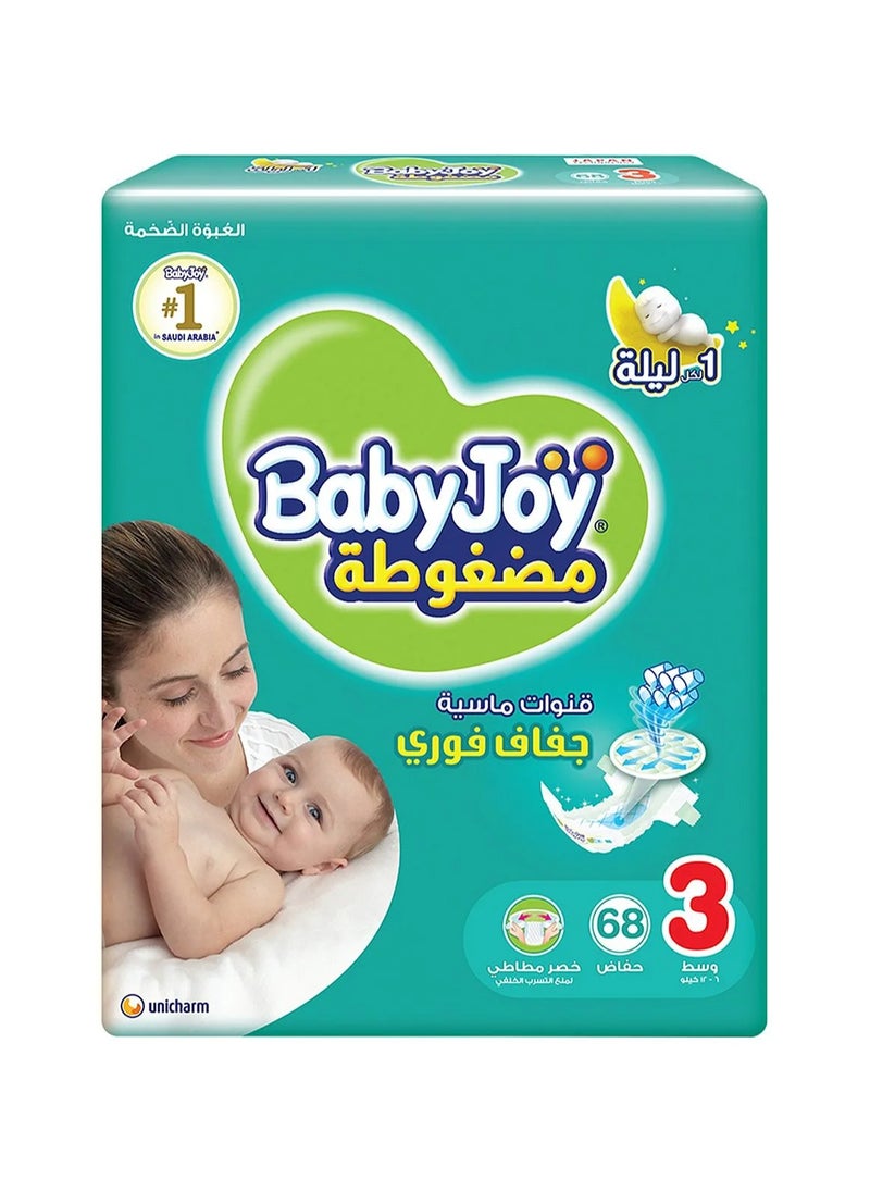 BabyJoy Compressed Diamond Pad Tape Style Diapers, 68 Pieces, Size 3 Medium, 6 to 12kg - 12Hrs Leakage Protection, Cottony Soft, Waist Stretch, Breathable