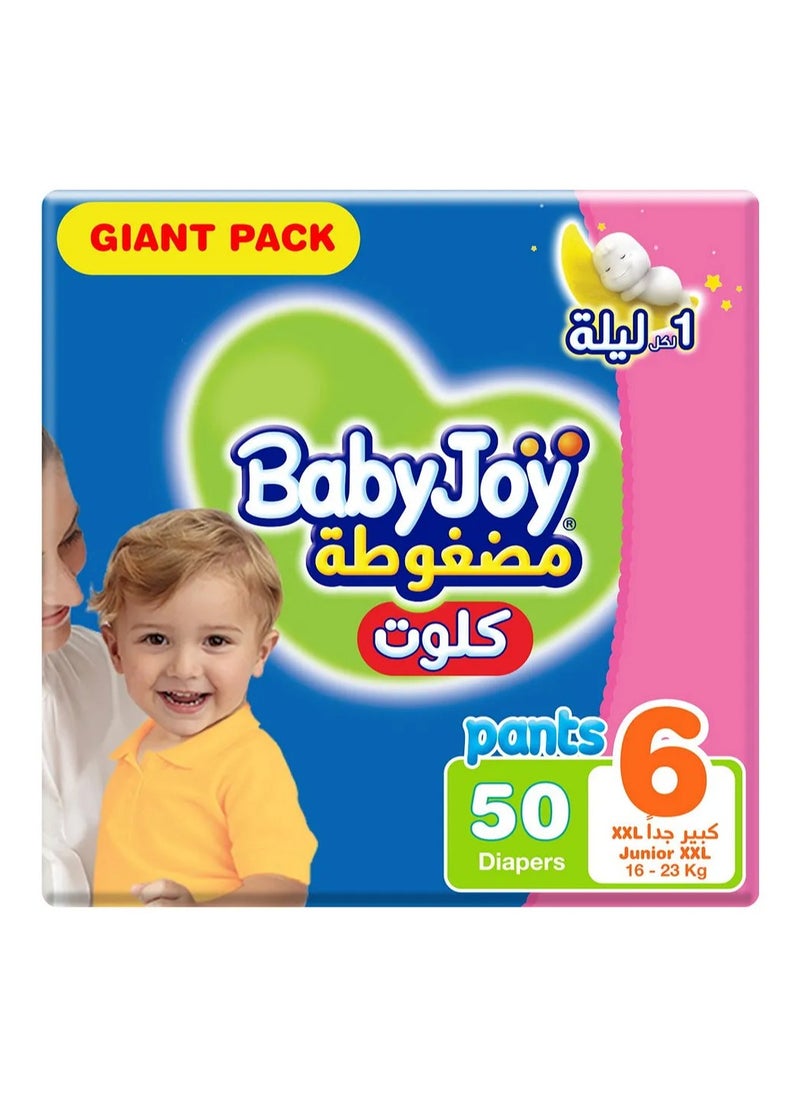 BabyJoy Compressed Culotte Pant Style Diapers, 50 Pieces Giant Pack, Size 6, 16-23Kg - Leak Protection, Navel Cut Design, Breathable Material