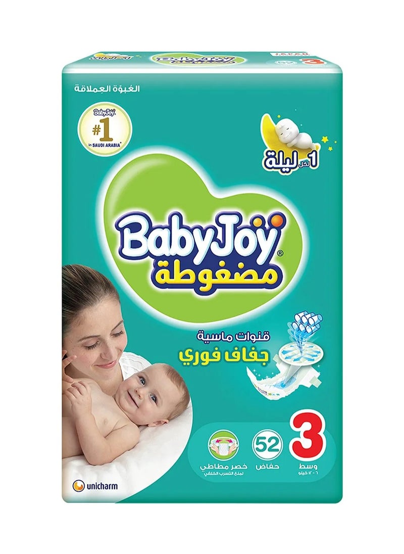 BabyJoy Compressed Diamond Pad Tape Style Diapers, 52 Pieces, Size 3 Medium, 6 to 12kg - 12Hrs Leakage Protection, Cottony Soft, Waist Stretch, Breathable