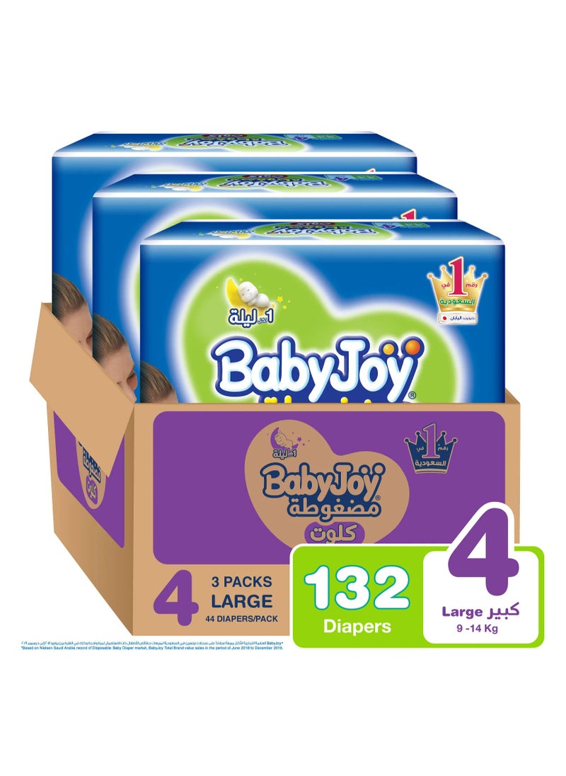 BabyJoy Compressed Culotte Pant Style Diapers, 132 Pieces, Size 4 Large, 9-14kg, 12 Hours Leakproof Protection, Soft Cotton Touch, Wide Barriers