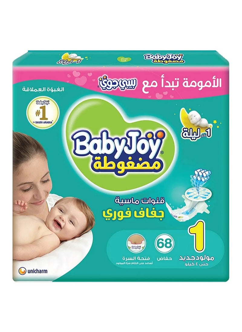 BabyJoy Compressed Diamond Pad Tape Style Diapers, 68 Pieces Jumbo Pack, Size 1 Newborn, 0 to 4kg - 12Hrs Leakage Protection, Cottony Soft, Waist Stretch, Breathable