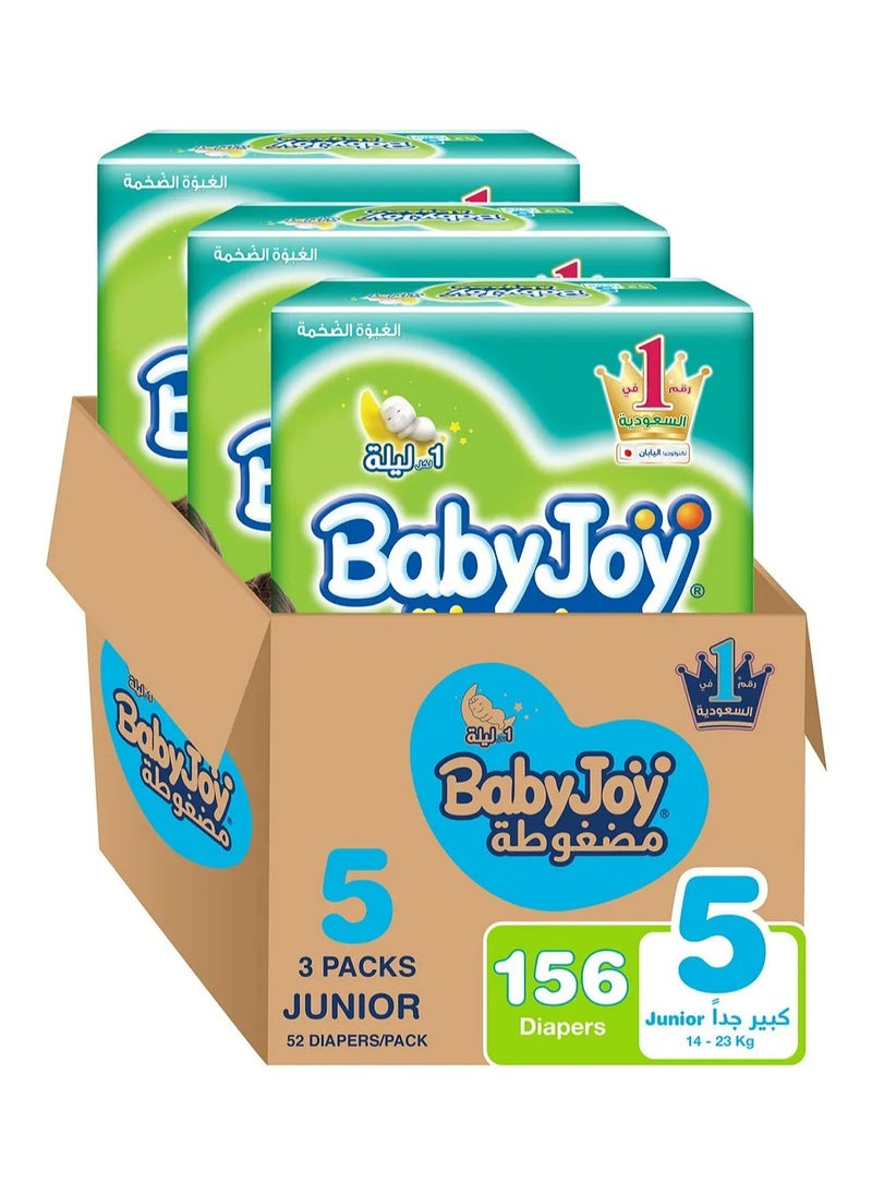 BabyJoy Compressed Diamond Pad Diaper, Size 5, Junior, 14-23 Kg, Mega Box, 156 Tape Style Diapers