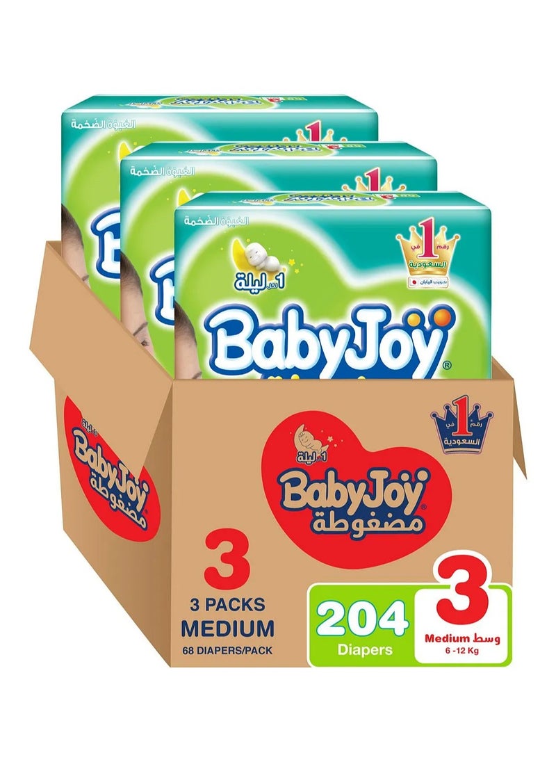 BabyJoy Compressed Diamond Pad Diaper, Size 3, Medium, 6-12 Kg, Mega Box, 204 Tape Style Diapers