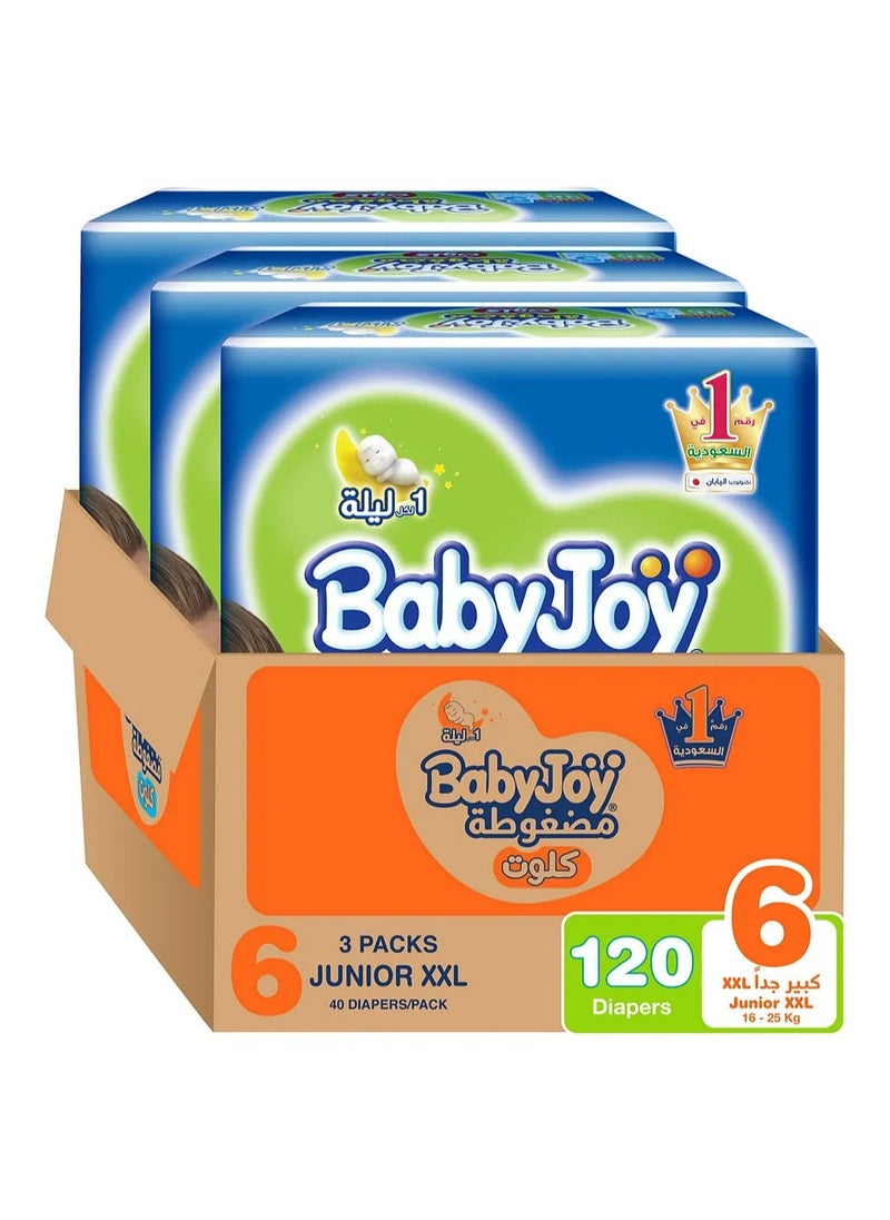 BabyJoy Compressed Culotte Pant Style Diapers, 120 Pieces, Size 6 Junior XXL, 16-25kg, 12 Hours Leakproof Protection, Soft Cotton Touch, Wide Barriers