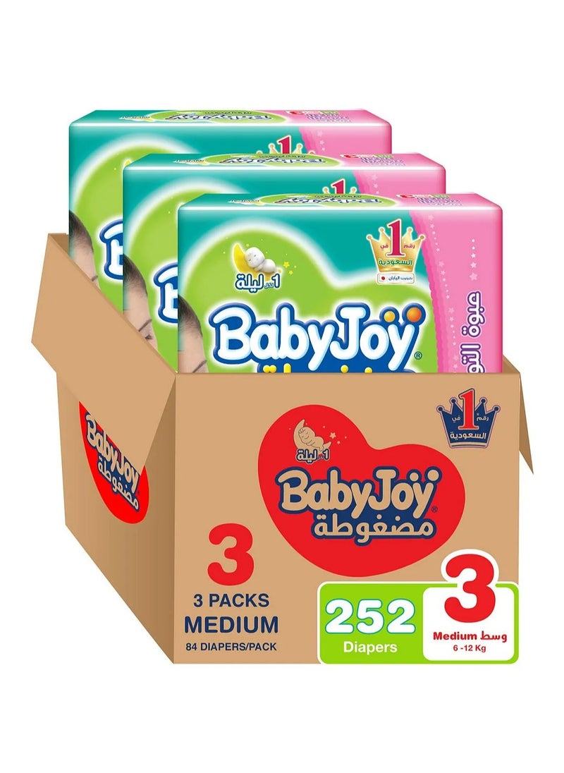 BabyJoy Compressed Diamond Pad Diaper, Size 3, Medium, 6-12 Kg, Giant Box, 252 Tape Style Diapers