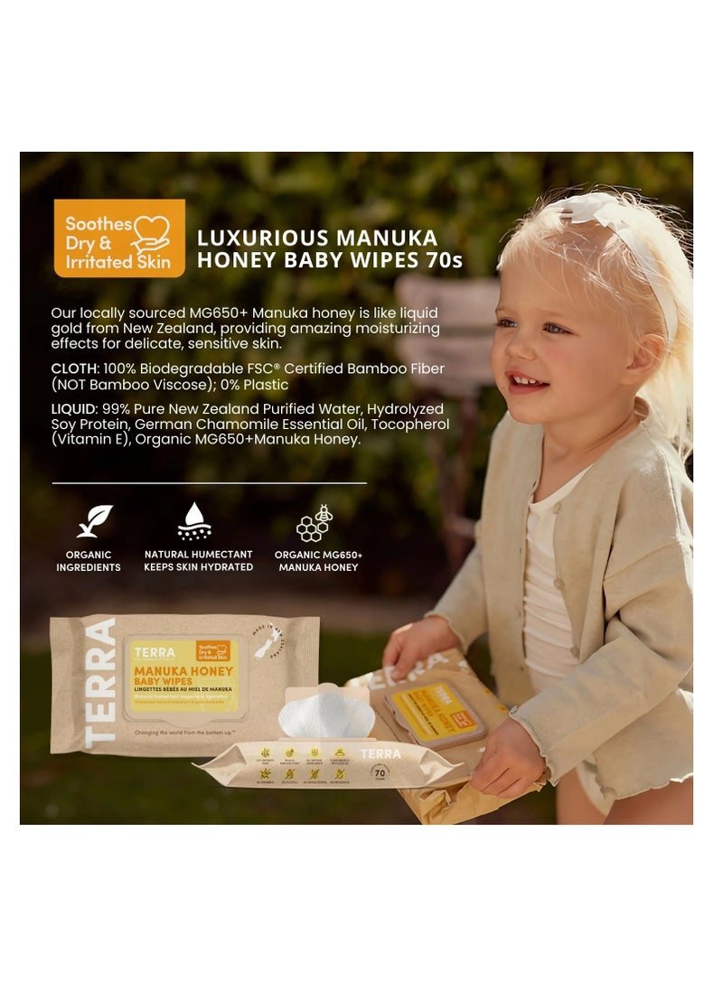 Manuka Honey Baby Wipes India's First 100 Percent Biodegradable Wipes, Soft Cleansing Premium Baby Wipes with Chamomile Oil and Vitamin E Travel Pack, 70 Wipes (Pack of 12)