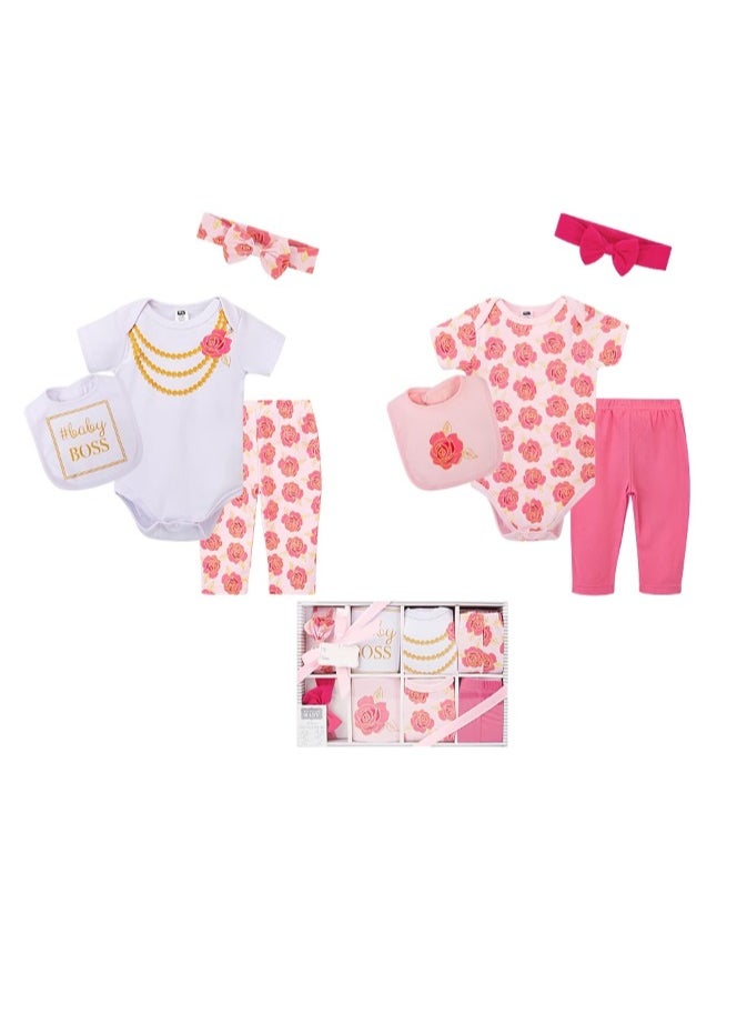 Newborn Baby 8 pcs cute giftset with Body suits and Pants for Baby girls 9 in 1