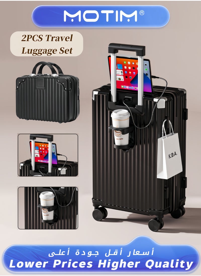 2pcs Boarding Carry-on Luggage Sets Travel Luggage Carry-On Luggage with Spinner Wheels Aluminum Framed Carry On Suitcase with USB and Type-C Port & Cup Holder & Phone Holder ＆ Side Hidden Hook Large Checked-in Luggage