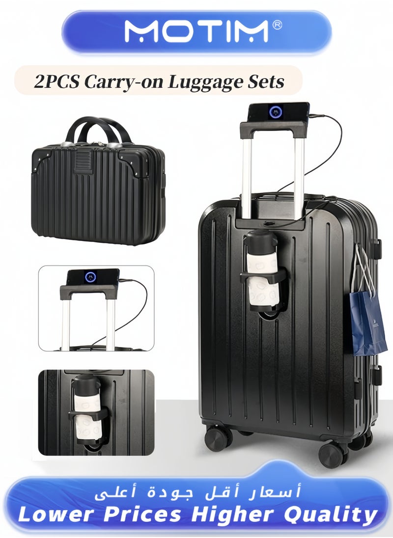 2pcs Boarding Carry-on Luggage Sets Travel Luggage Aluminum Framed Carry On Suitcase with Spinner Wheels USB Port & Cup Holder & Phone Holder Large Checked-in Luggage