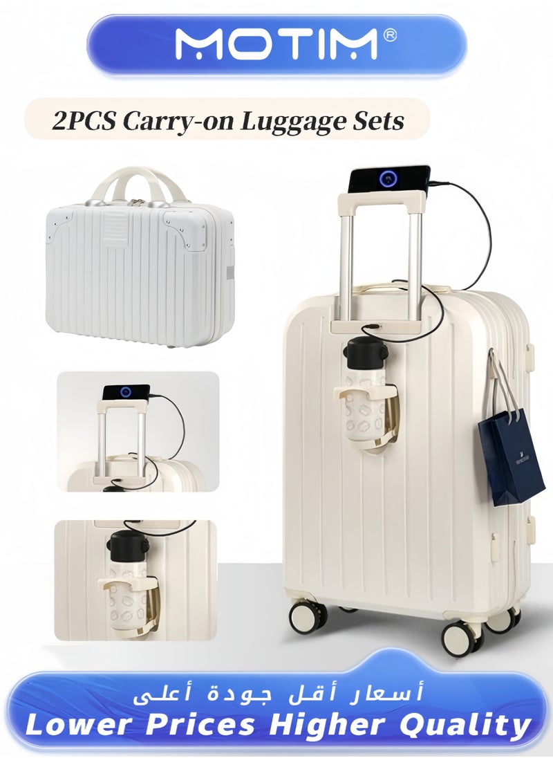 2pcs Boarding Carry-on Luggage Sets Travel Luggage Aluminum Framed Carry On Suitcase with Spinner Wheels USB Port & Cup Holder & Phone Holder Large Checked-in Luggage