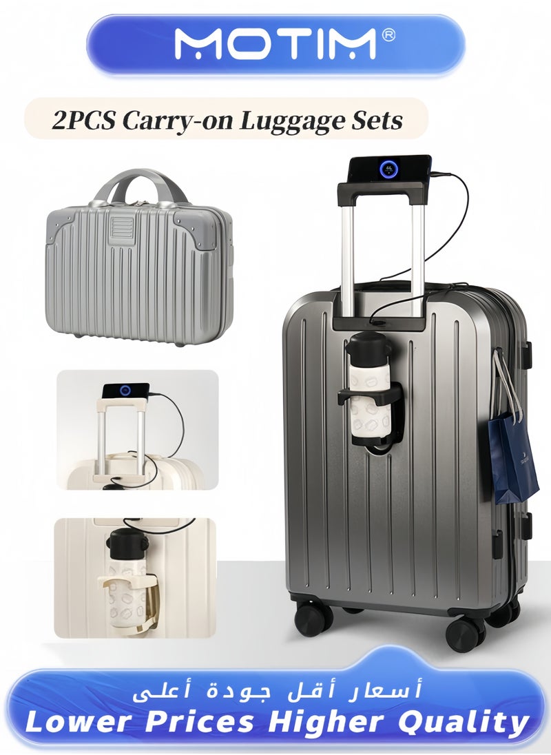 2pcs Boarding Carry-on Luggage Sets Travel Luggage Aluminum Framed Carry On Suitcase with Spinner Wheels USB Port & Cup Holder & Phone Holder Large Checked-in Luggage