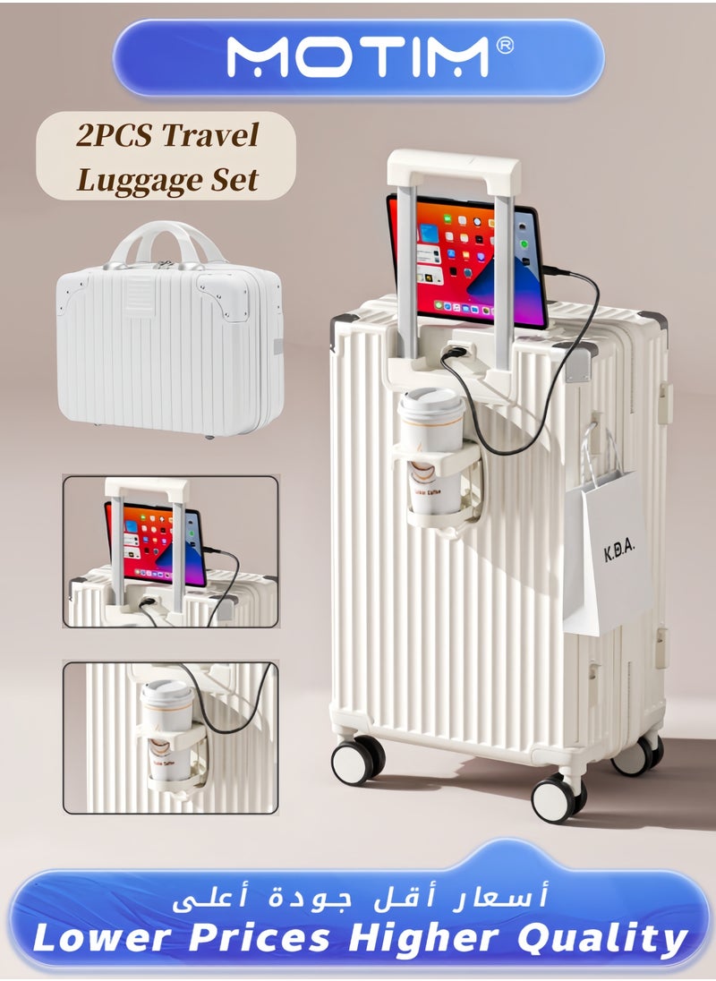 2pcs Boarding Carry-on Luggage Sets Travel Luggage Carry-On Luggage with Spinner Wheels Aluminum Framed Carry On Suitcase with USB and Type-C Port & Cup Holder & Phone Holder ＆ Side Hidden Hook Large Checked-in Luggage