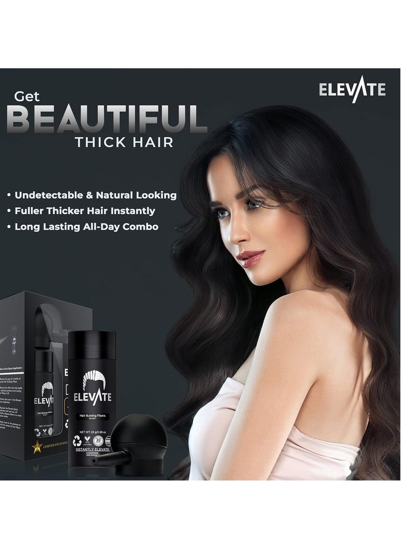 ELEVATE Hair Perfecting 2-in-1 Kit | Set Includes Natural Hair Thickening Fibers & Spray Applicator Pump Nozzle | Instantly Conceal Thicken Thinning Balding Hair Areas in Seconds - Men & Women (Black)