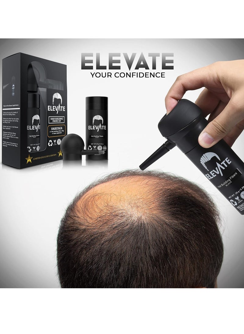 ELEVATE Hair Perfecting 2-in-1 Kit | Set Includes Natural Hair Thickening Fibers & Spray Applicator Pump Nozzle | Instantly Conceal Thicken Thinning Balding Hair Areas in Seconds - Men & Women (Black)