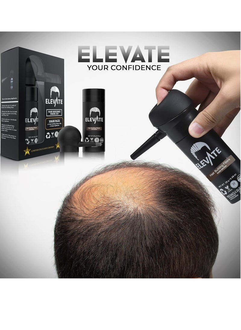 ELEVATE Hair Perfecting 2-in-1 Kit | Set Includes Natural Hair Thickening Fibers & Spray Applicator Pump Nozzle | Instantly Conceal & Thicken Thinning or Balding Hair Areas for Men Women (Dark Brown)