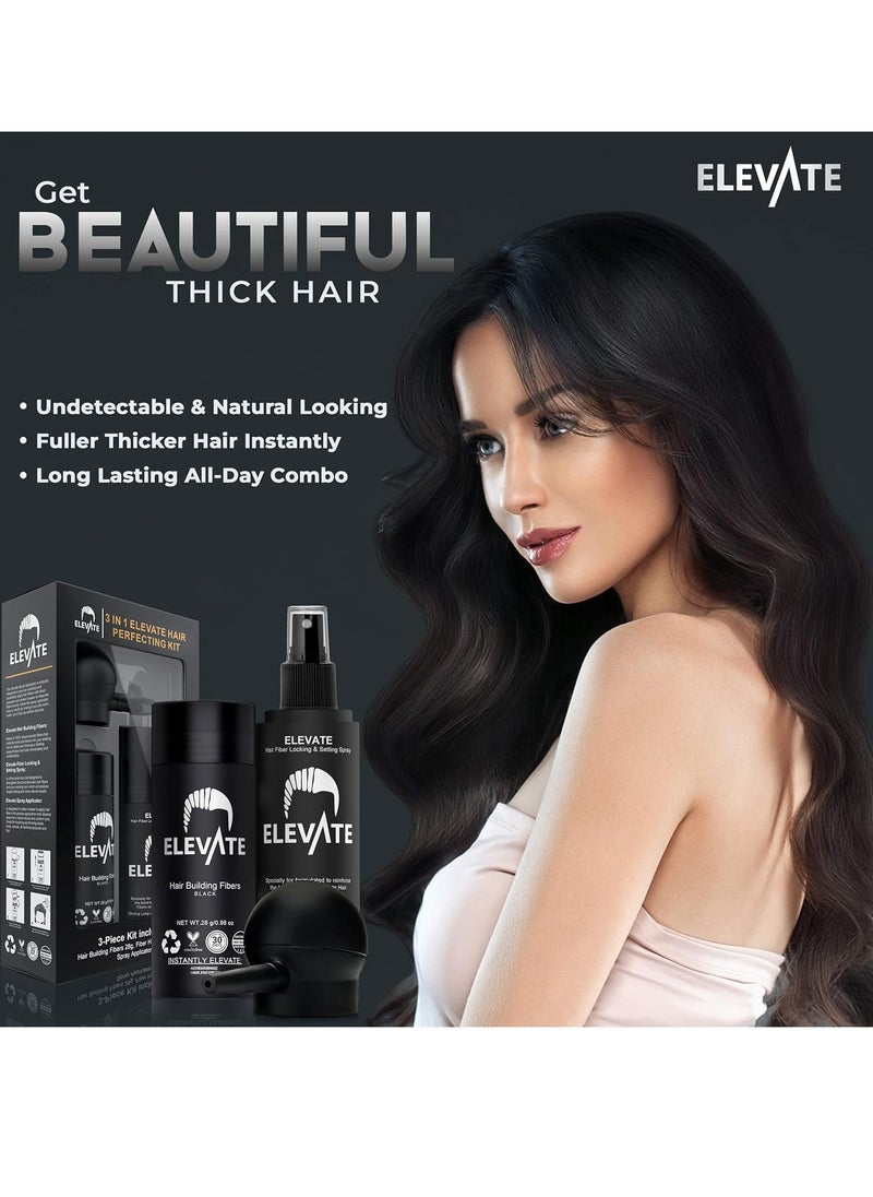 ELEVATE Hair Perfecting 3-in-1 Kit Set Includes Natural Hair Thickening Fibers & Spray Applicator Pump Nozzle & Locking Setting Hold Hair Spray | Instantly Conceal Balding Hair Thinning Areas (Black)