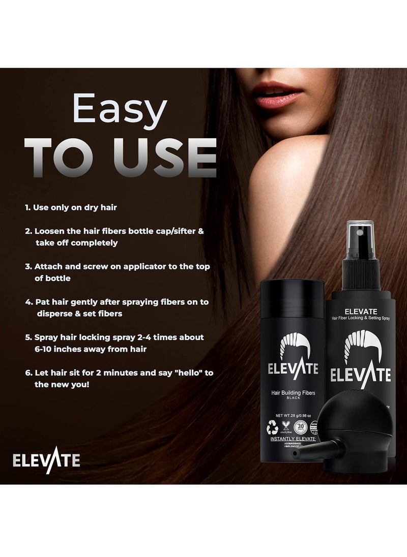 ELEVATE Hair Perfecting 3-in-1 Kit Set Includes Natural Hair Thickening Fibers & Spray Applicator Pump Nozzle & Locking Setting Hold Hair Spray | Instantly Conceal Balding Hair Thinning Areas (Black)
