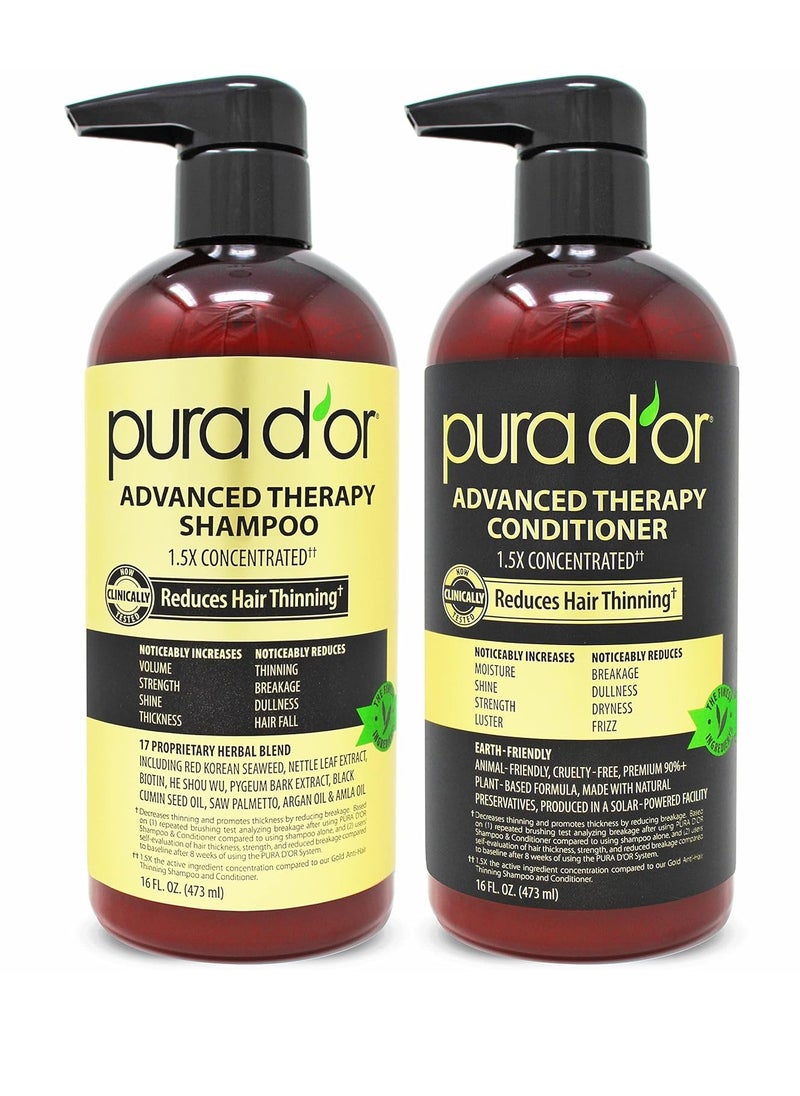 PURA D'OR Advanced Therapy Biotin Shampoo & Conditioner Hair Care Set For Hair Thinning, CLINICALLY TESTED Effective Results, DHT Blocker Hair Thickening Products For Women & Men, 16oz x2