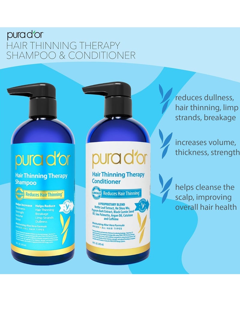 PURA D'OR Hair Thinning Therapy Biotin Shampoo and Conditioner Set, CLINICALLY TESTED Effective Results, DHT Blocker Hair Thickening Products For Women & Men, Natural Routine, Color Safe, 16oz x2