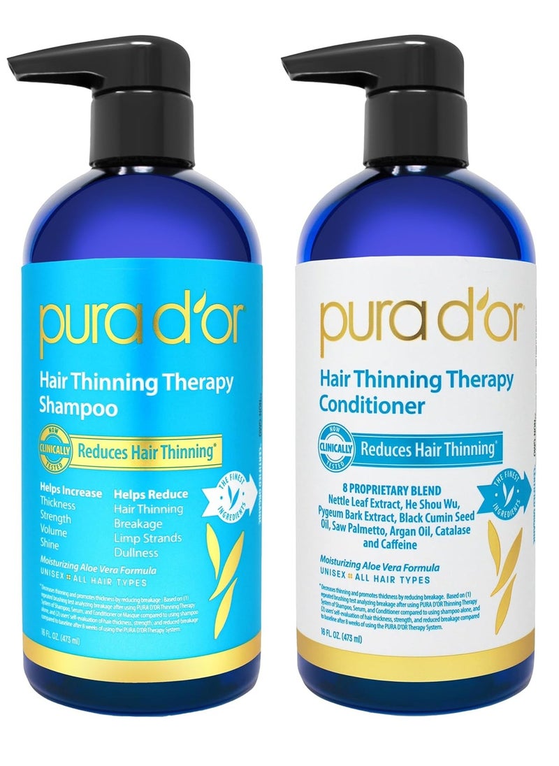 PURA D'OR Hair Thinning Therapy Biotin Shampoo and Conditioner Set, CLINICALLY TESTED Effective Results, DHT Blocker Hair Thickening Products For Women & Men, Natural Routine, Color Safe, 16oz x2