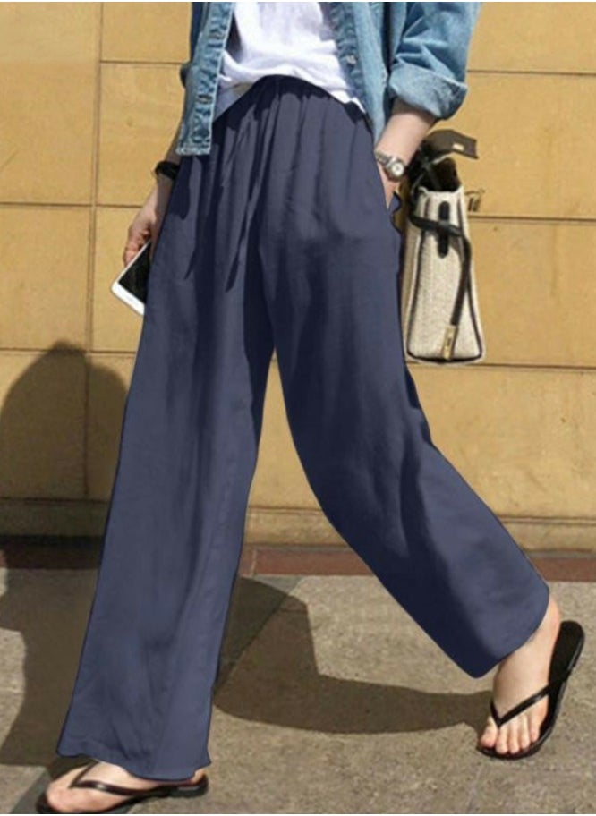 Womens Cotton Linen Pants Drawstring Elastic Waist Casual Wide Leg Trousers with Pockets Navy Blue