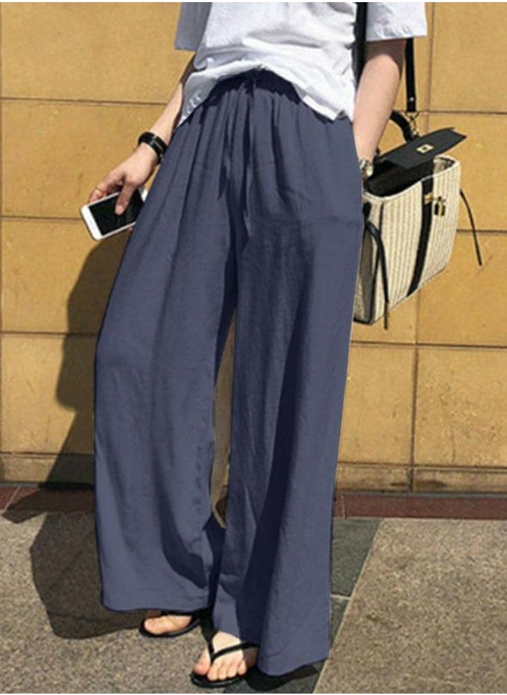 Womens Cotton Linen Pants Drawstring Elastic Waist Casual Wide Leg Trousers with Pockets Navy Blue