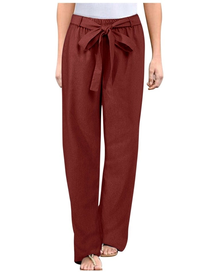 Womens Solid Pants Drawstring Elastic Waist Casual Loose Trousers Wine Red