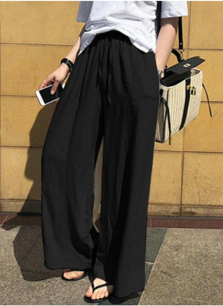 Womens Cotton Linen Pants Drawstring Elastic Waist Casual Wide Leg Trousers with Pockets Black