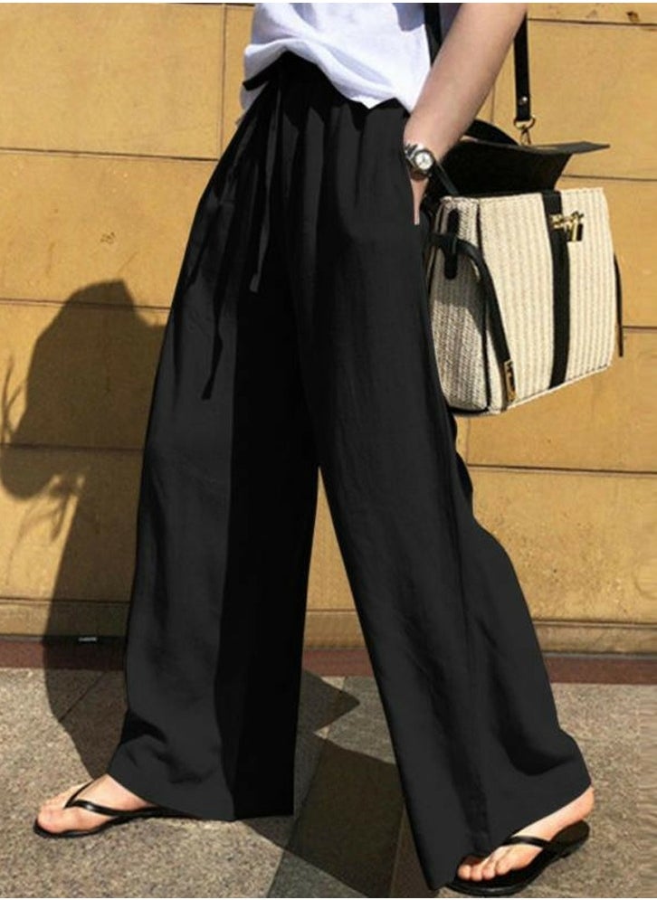 Womens Cotton Linen Pants Drawstring Elastic Waist Casual Wide Leg Trousers with Pockets Black