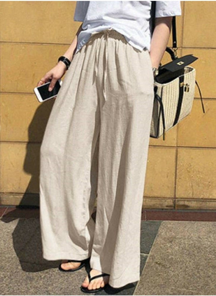 Womens Cotton Linen Pants Drawstring Elastic Waist Casual Wide Leg Trousers with Pockets Beige