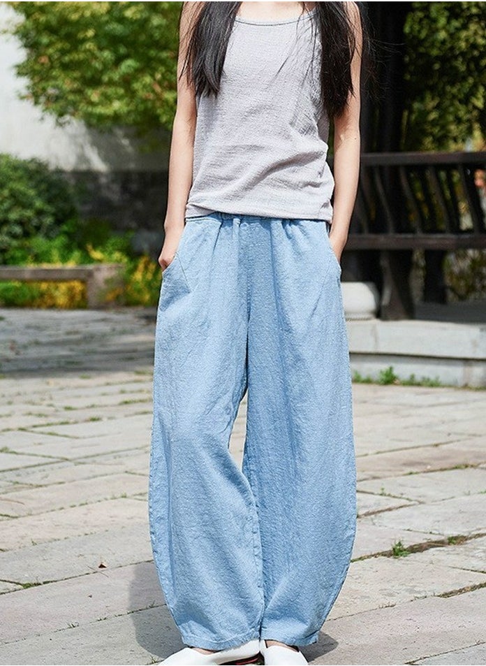 Womens Solid Harem Pants Elastic Waist Casual Loose Trousers Blue