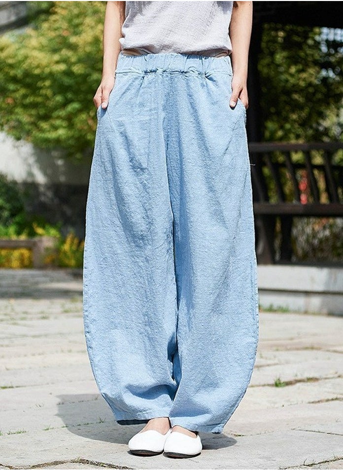 Womens Solid Harem Pants Elastic Waist Casual Loose Trousers Blue