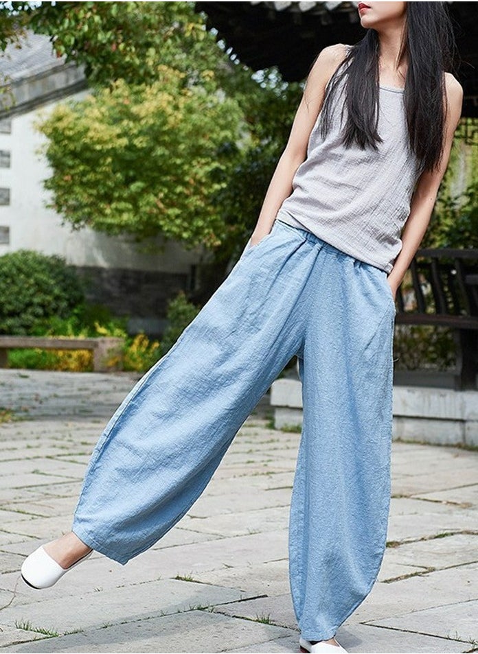 Womens Solid Harem Pants Elastic Waist Casual Loose Trousers Blue