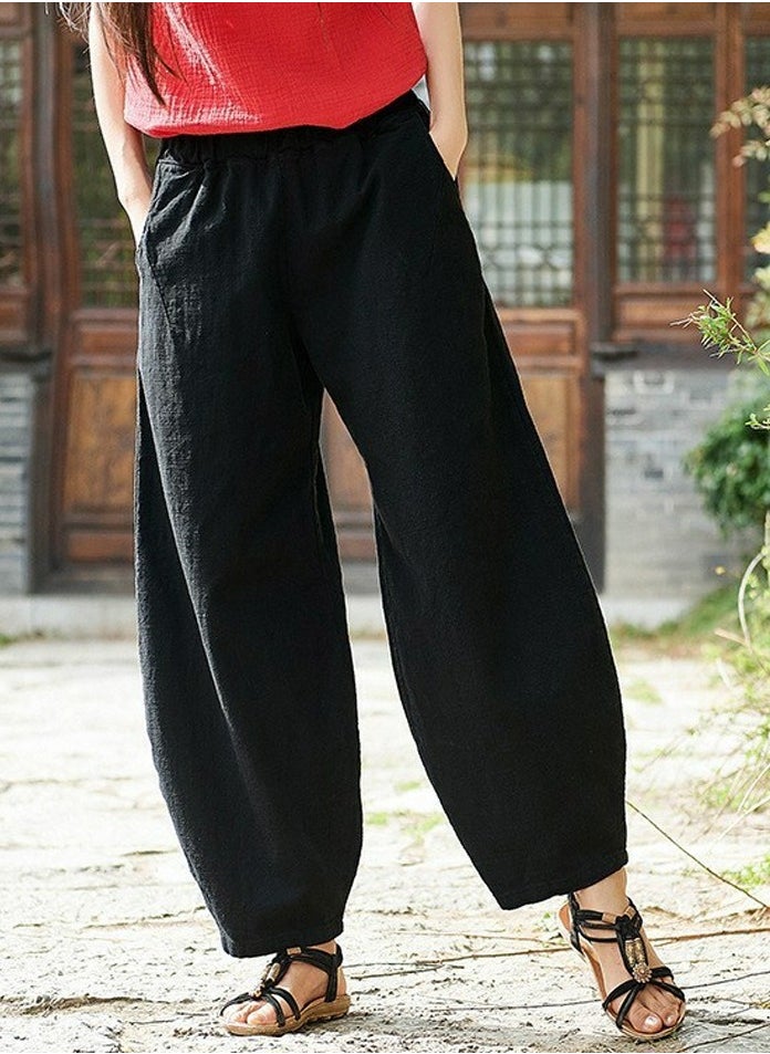 Womens Solid Harem Pants Elastic Waist Casual Loose Trousers Black