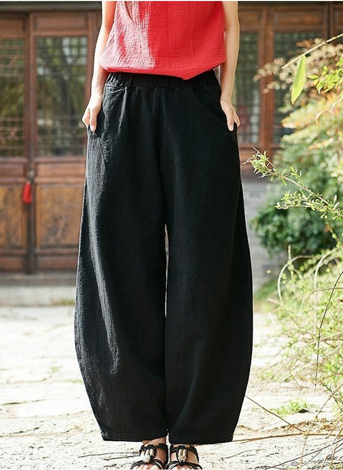 Womens Solid Harem Pants Elastic Waist Casual Loose Trousers Black