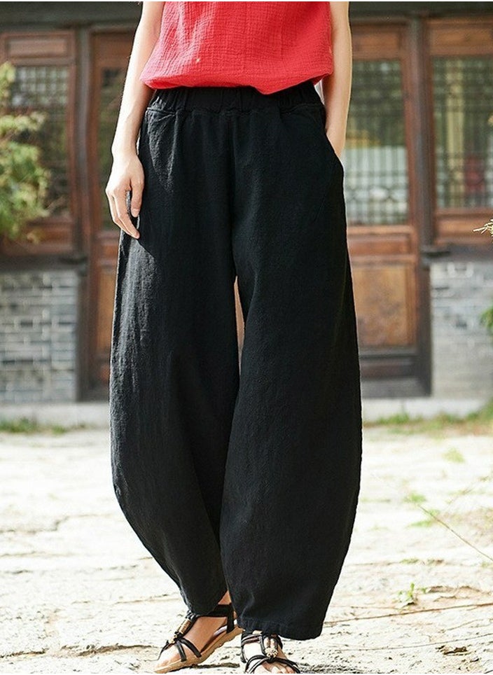 Womens Solid Harem Pants Elastic Waist Casual Loose Trousers Black