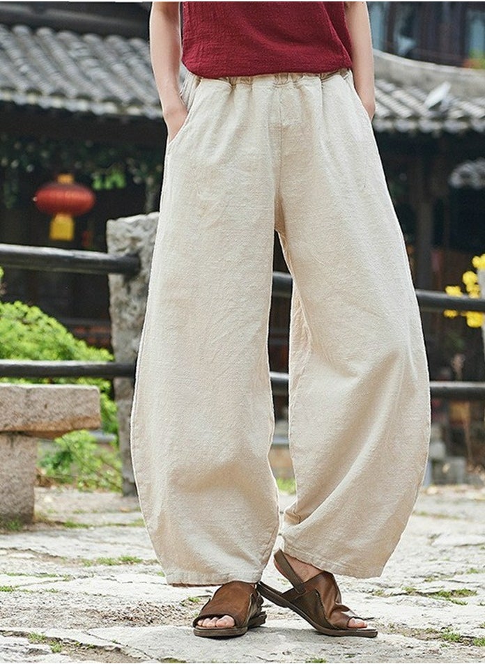 Womens Solid Harem Pants Elastic Waist Casual Loose Trousers Beige