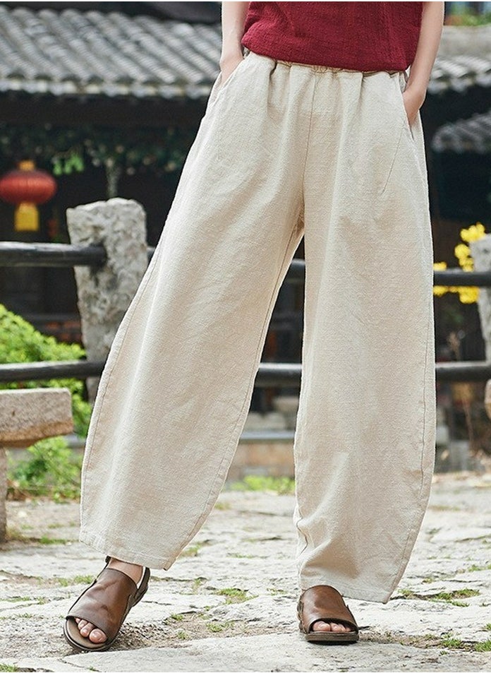 Womens Solid Harem Pants Elastic Waist Casual Loose Trousers Beige