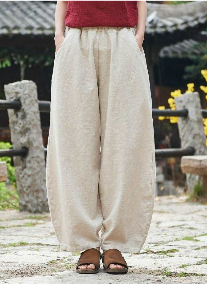 Womens Solid Harem Pants Elastic Waist Casual Loose Trousers Beige