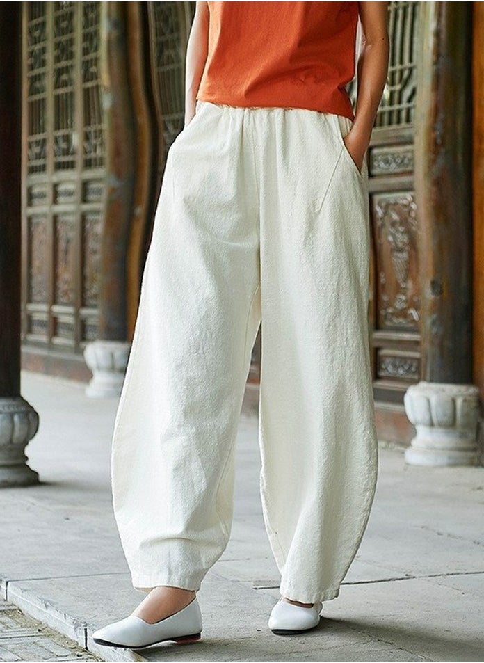 Womens Solid Harem Pants Elastic Waist Casual Loose Trousers White