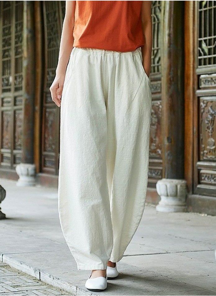 Womens Solid Harem Pants Elastic Waist Casual Loose Trousers White