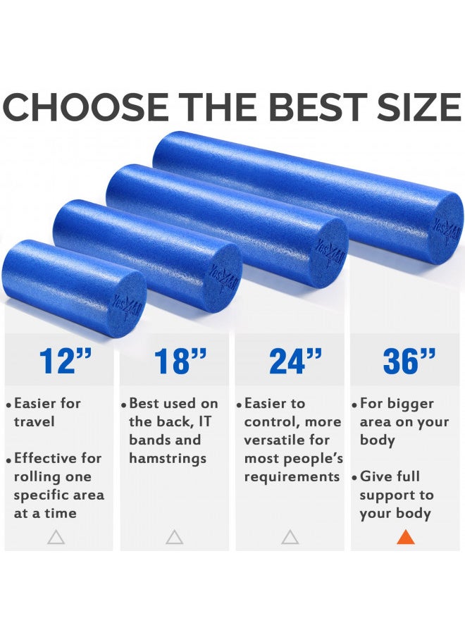 Yes4All Premium Soft-Density Round PE Foam Roller for Pilates, Yoga, Stretching, Balance & Core Exercises - 24 inch Blue