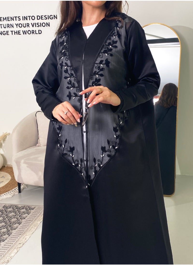 Elegant Open style abaya featuring elegant organza dantel accents