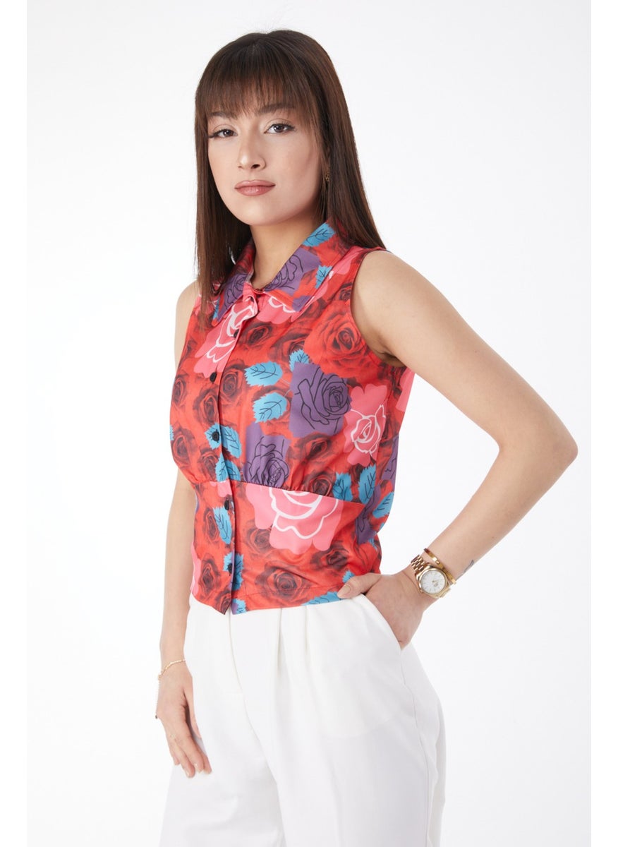 Plain Shirt Collar Women's Red Sleeveless Corsage Shirt - 13147