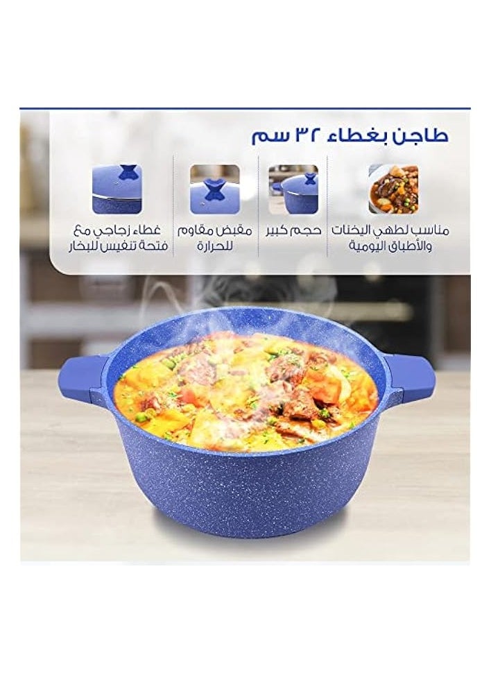 Cooking Pot, 28cm Large Size casserole with Glass lid, Blue