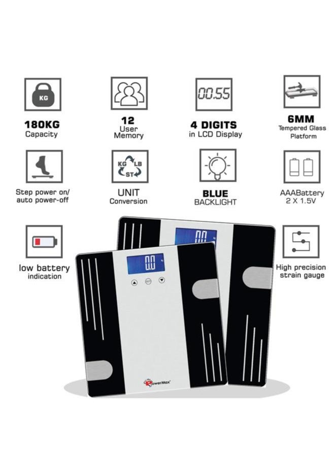 PowerMax Fitness Multi-User Digital Body Fat Scale - Smart BMI & Weight Scale, Body Composition Analyser with 12 User Memory, Human Body Capacity (Model: BCA-07)