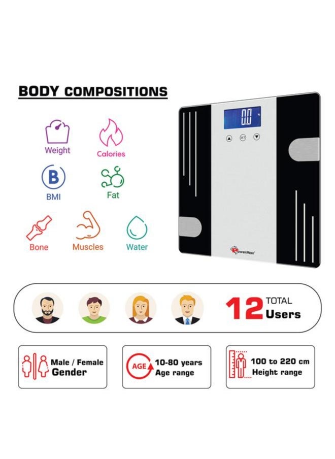 PowerMax Fitness Multi-User Digital Body Fat Scale - Smart BMI & Weight Scale, Body Composition Analyser with 12 User Memory, Human Body Capacity (Model: BCA-07)